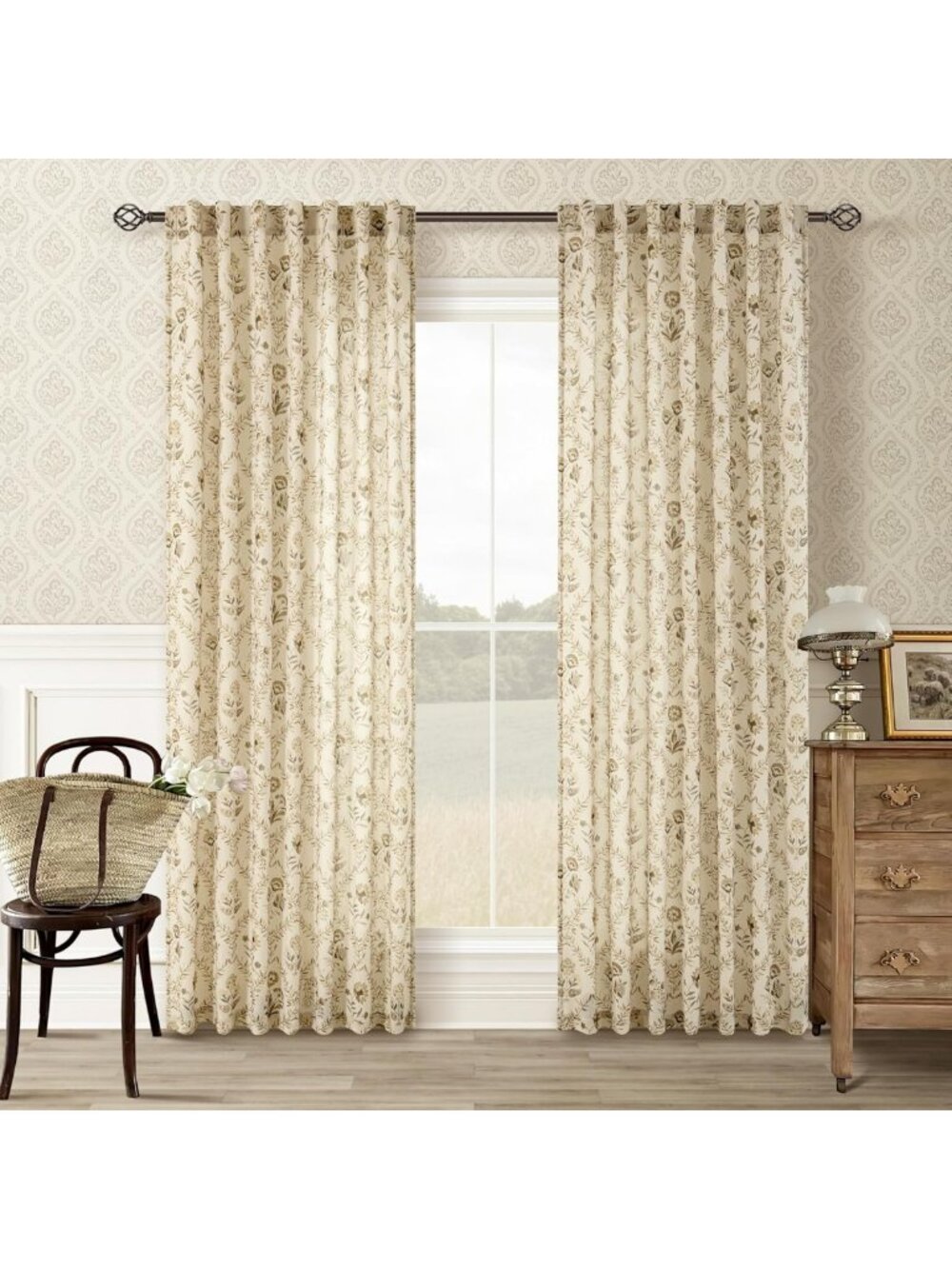 Elegant Tan Brown Floral Linen Curtains - 86" Length, 2 Panels for Living Room
